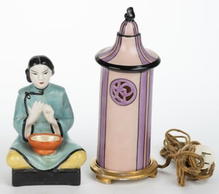AMERICAN FULPER POTTERY ART DECO PORCELAIN ASIAN-STYLE BOUDOIR / PERFUME LAMPS, LOT OF TWO