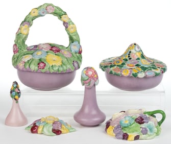 AMERICAN FULPER POTTERY FLORAL MOTIF CERAMIC ARTICLES, LOT OF SIX