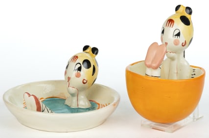 SIGNED ANNIE FISH (BRITISH, 1890-1964), FULPER POTTERY BATHING / FLAPPER GIRL MOTIF FIGURAL CERAMIC
