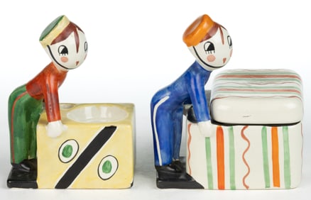 SIGNED ANNIE FISH (BRITISH, 1890-1964), FULPER POTTERY BELL-BOY MOTIF FIGURAL CERAMIC DESK AND OTHER