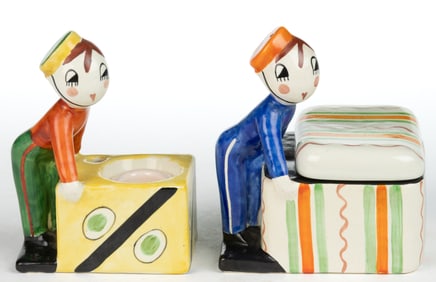 SIGNED ANNIE FISH (BRITISH, 1890-1964), FULPER POTTERY BELL-BOY MOTIF FIGURAL CERAMIC DESK AND OTHER