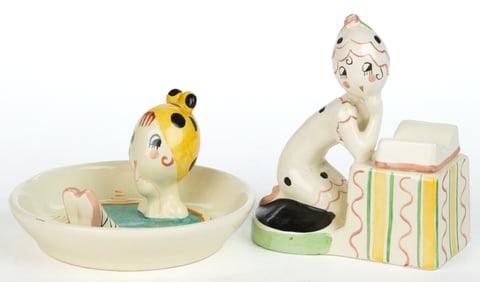 SIGNED ANNIE FISH (BRITISH, 1890-1964), FULPER POTTERY BATHING / FLAPPER GIRL FIGURAL CERAMIC DESK