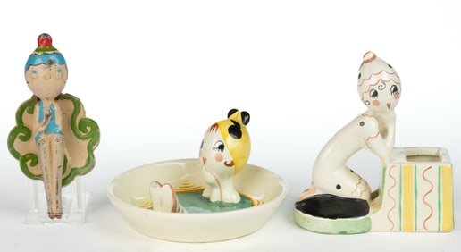 ANNIE FISH (BRITISH, 1890-1964), BATHING / FLAPPER GIRL FIGURAL DESK AND OTHER ARTICLES, LOT OF