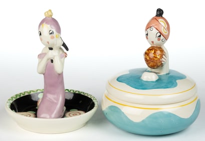 SIGNED ANNIE FISH (BRITISH, 1890-1964), FULPER POTTERY BATHING / FLAPPER GIRL FIGURAL CERAMIC