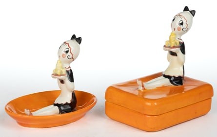 SIGNED ANNIE FISH (BRITISH, 1890-1964), FULPER POTTERY MAID FIGURAL CERAMIC DRESSER AND OTHER