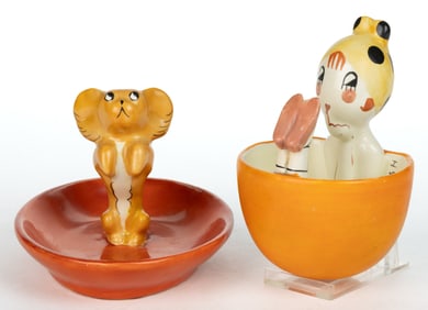 SIGNED ANNIE FISH (BRITISH, 1890-1964), FULPER POTTERY FLAPPER AND DOG FIGURAL CERAMIC ARTICLES, LOT