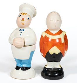 SIGNED ANNIE FISH (BRITISH, 1890-1964), FULPER POTTERY HAND-PAINTED FIGURAL PORCELAIN CONDIMENT