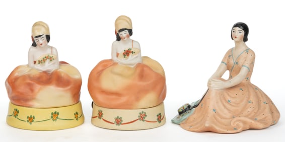 AMERICAN FULPER POTTERY ART DECO PORCELAIN TWO-PART WOMAN FIGURAL BOUDOIR / DRESSER ARTICLES, LOT OF
