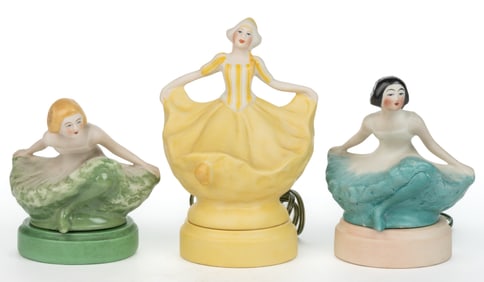 AMERICAN FULPER POTTERY ART DECOR PORCELAIN TWO-PART DANCER FIGURAL BOUDOIR / PERFUME LAMPS, LOT OF