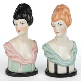 AMERICAN FULPER POTTERY ART DECO PORCELAIN TWO-PART "HAT BOX" FIGURAL INKWELLS, LOT OF TWO