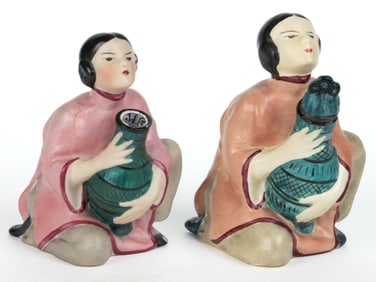 AMERICAN FULPER POTTERY ART DECO PORCELAIN "CHIN TOY" FIGURAL PERFUME BOTTLES, LOT OF TWO