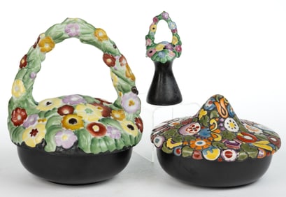 AMERICAN FULPER POTTERY FLORAL MOTIF CERAMIC ARTICLES, LOT OF THREE