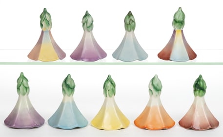 AMERICAN FULPER POTTERY PORCELAIN MORNING GLORY SONNETTE MAID'S BELLS, LOT OF NINE