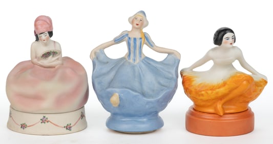 AMERICAN FULPER POTTERY ART DECO PORCELAIN WOMAN FIGURAL BOUDOIR / PERFUME LAMPS AND SHADE, LOT OF