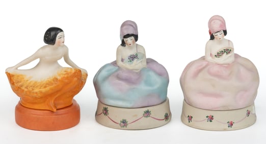AMERICAN FULPER POTTERY ART DECO PORCELAIN TWO-PART WOMAN FIGURAL BOUDOIR / DRESSER ARTICLES, LOT OF