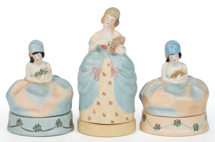 AMERICAN FULPER POTTERY ART DECO PORCELAIN TWO-PART WOMAN FIGURAL BOUDOIR / DRESSER ARTICLES, LOT OF