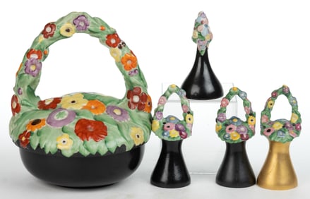 AMERICAN FULPER POTTERY FLORAL MOTIF CERAMIC ARTICLES, LOT OF FIVE