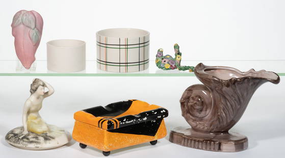AMERICAN FULPER AND STANGL POTTERY CERAMIC ARTICLES, LOT OF SIX: AMERICAN FULPER AND STANGL POTTERY CERAMIC ARTICLES, LOT OF SIX, including an Art Deco rectangular footed cigarette box made for Rena Rosenthal having orange and black decorations, a na