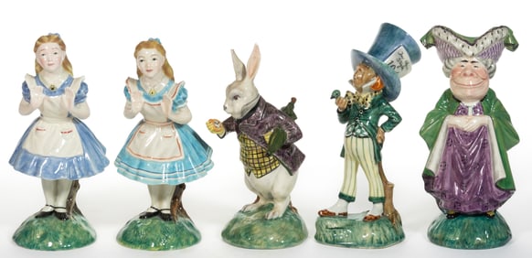 AMERICAN GORT BONE CHINA HAND-PAINTED ALICE IN WONDERLAND FIGURES, LOT OF FIVE