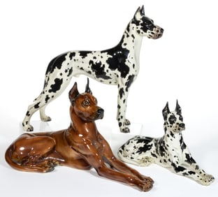 AMERICAN GORT BONE CHINA HAND-PAINTED CERAMIC LARGE DOG FIGURES, LOT OF THREE