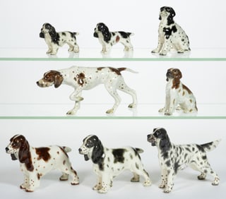 AMERICAN GORT BONE CHINA HAND-PAINTED CERAMIC DOG FIGURES, LOT OF EIGHT