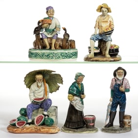 AMERICAN GORT BONE CHINA HAND-PAINTED CERAMIC MARKET VENDOR FIGURES, LOT OF FIVE