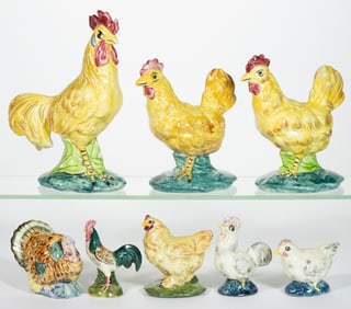 AMERICAN GORT AND STANGL POTTERY HAND-PAINTED CERAMIC POULTRY FIGURES, LOT OF EIGHT