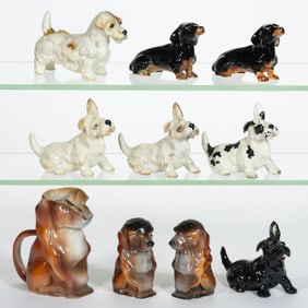 AMERICAN AND GERMAN HAND-PAINTED CERAMIC DOG FIGURES AND OTHER ARTICLES, LOT OF TEN