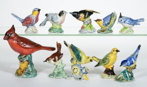 AMERICAN STANGL POTTERY HAND-PAINTED CERAMIC BIRD FIGURES, LOT OF TEN