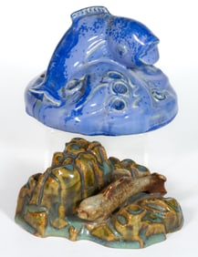 AMERICAN FULPER POTTERY FIGURAL FISH FLOWER FROGS, LOT OF TWO