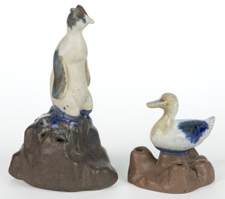 AMERICAN FULPER POTTERY FIGURAL BIRD FLOWER FROGS, LOT OF TWO