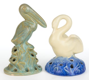 AMERICAN FULPER POTTERY FIGURAL BIRD FLOWER FROGS, LOT OF TWO