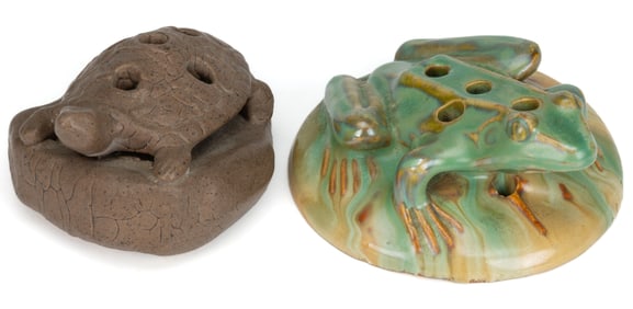 AMERICAN FULPER POTTERY FIGURAL ANIMAL FLOWER FROGS, LOT OF TWO