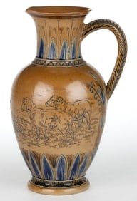 SIGNED FLORENCE E. BARLOW (ENGLISH, 1856-1909), DOULTON LAMBETH DECORATED SHEEP MOTIF STONEWARE JUG