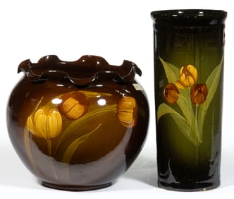 AMERICAN ART POTTERY STANDARD GLAZE FLORAL MOTIF ARTICLES, LOT OF TWO