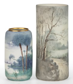 AMERICAN PORCELAIN HAND-PAINTED VELLUM-STYLE LANDSCAPE VASES, LOT OF TWO