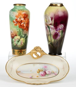 AMERICAN PICKARD-DECORATED HAND-PAINTED PORCELAIN ARTICLES, LOT OF THREE