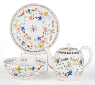 RUSSIAN GARDNER PORCELAIN HAND-PAINTED TABLE AND TEA ARTICLES, LOT OF THREE