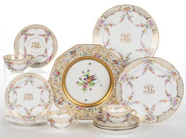 GERMAN DRESDEN PORCELAIN HAND-PAINTED TEA AND TABLE ARTICLES, LOT OF 12
