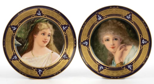 AUSTRIAN ROYAL VIENNA HAND-PAINTED PORCELAIN CABINET PORTRAIT PLATES, LOT OF TWO