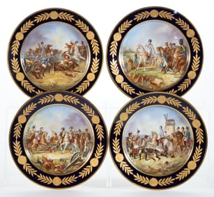 FRENCH SEVRES PORCELAIN NAPOLEONIC WAR CABINET PLATES, LOT OF FOUR
