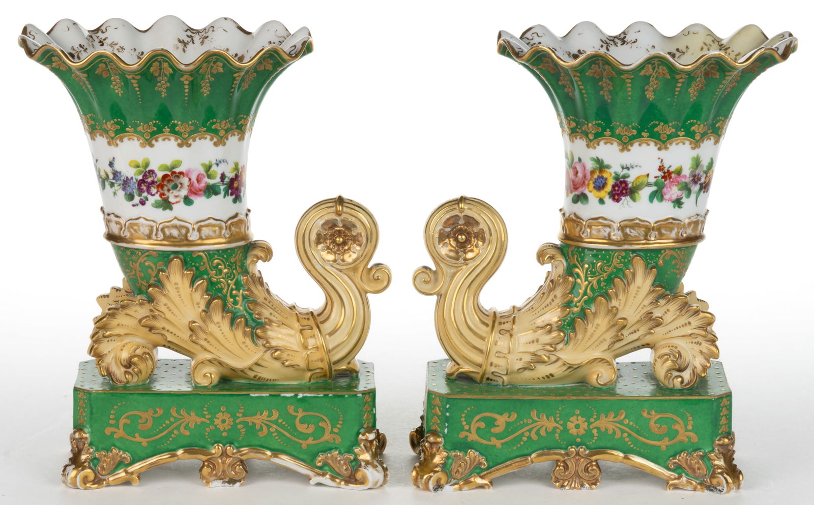 JACOB PETIT (FRENCH, 1797-1868) PORCELAIN HAND-PAINTED CORNUCOPIA VASE PAIR (1 of 3)