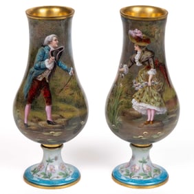 SIGNED FRENCH LIMOGES HAND-PAINTED ENAMEL CABINET VASE PAIR