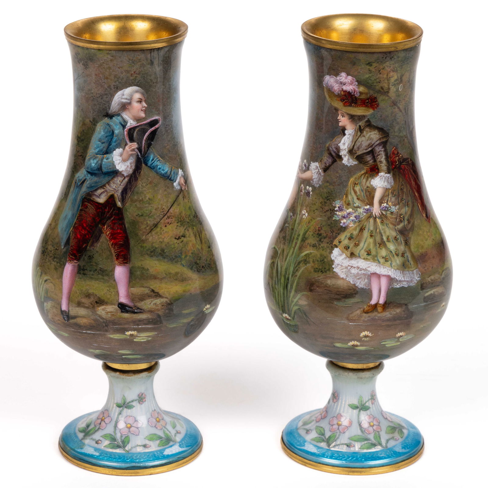 SIGNED FRENCH LIMOGES HAND-PAINTED ENAMEL CABINET VASE PAIR (1 of 5)
