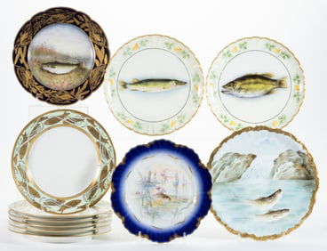 FRENCH LIMOGES PORCELAIN HAND-PAINTED FISH MOTIF PLATES, LOT OF 11