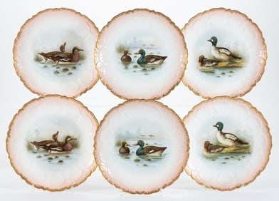 FRENCH DELINIERES LIMOGES HAND-PAINTED DUCK MOTIF CABINET PLATES, SET OF SIX