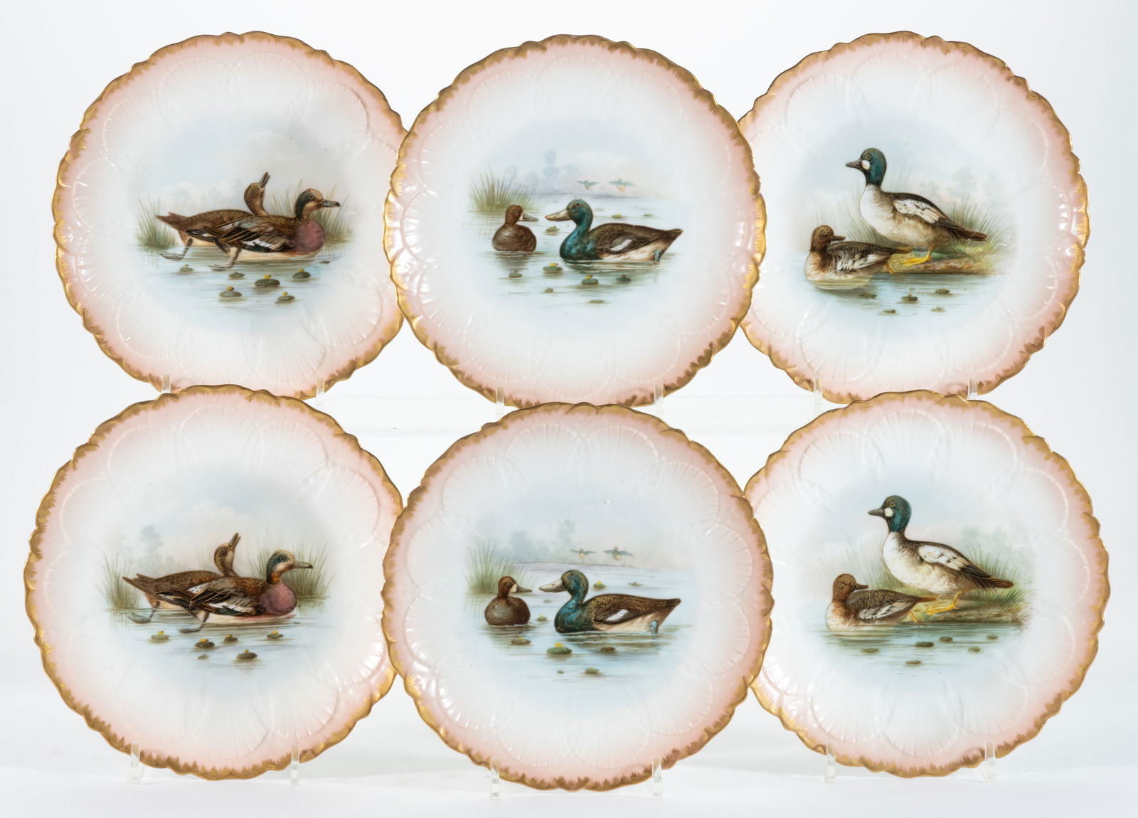 FRENCH DELINIERES LIMOGES HAND-PAINTED DUCK MOTIF CABINET PLATES, SET OF SIX (1 of 2)