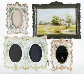 FRENCH / GERMAN PORCELAIN HAND-PAINTED FRAMED ARTICLES, LOT OF FOUR