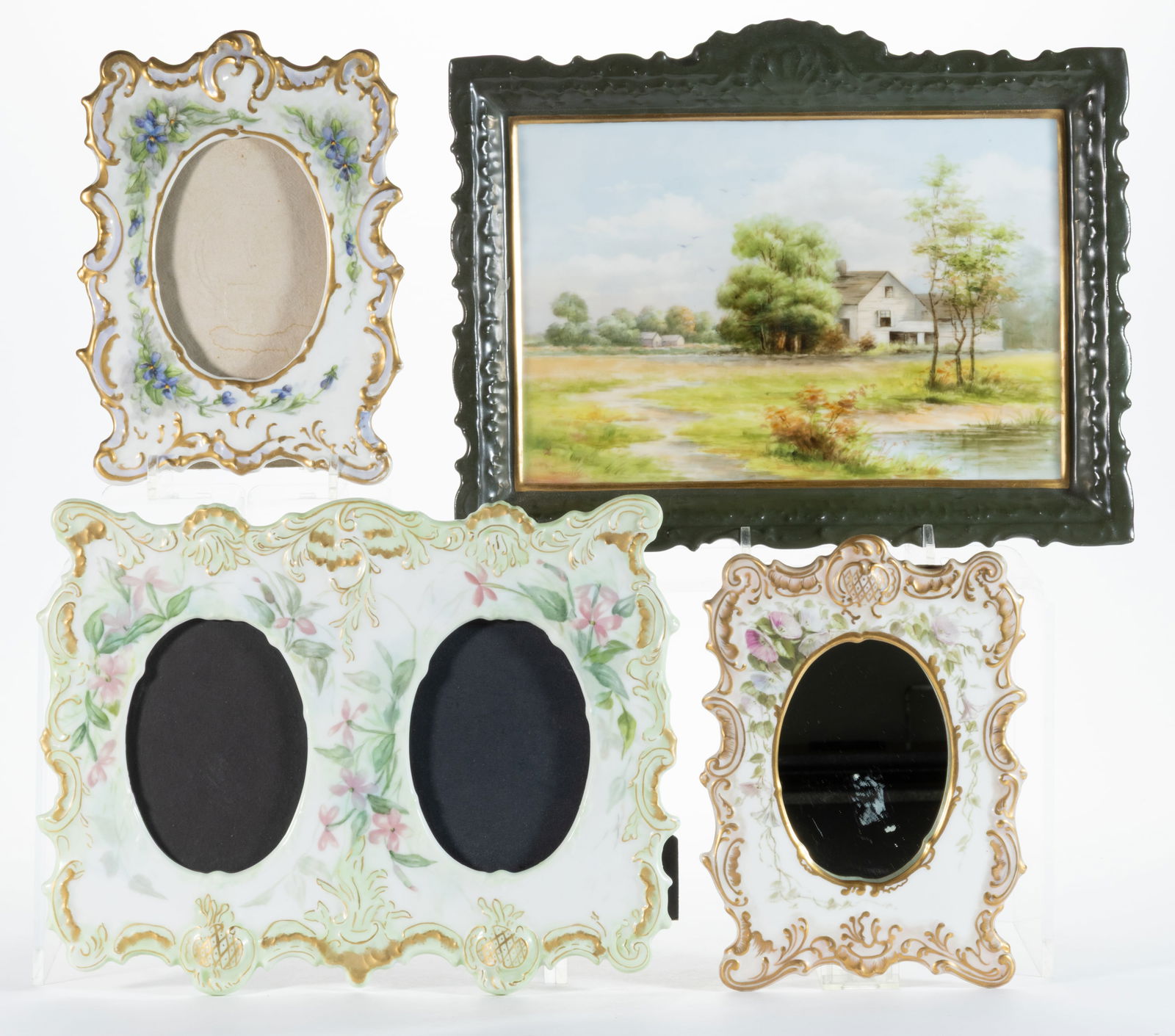 FRENCH / GERMAN PORCELAIN HAND-PAINTED FRAMED ARTICLES, LOT OF FOUR (1 of 1)