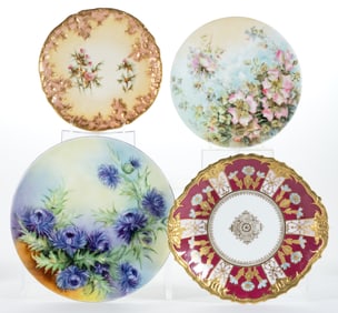 FRENCH AND SCOTTISH HAND-PAINTED FLORAL MOTIF PORCELAIN ARTICLES, LOT OF FOUR